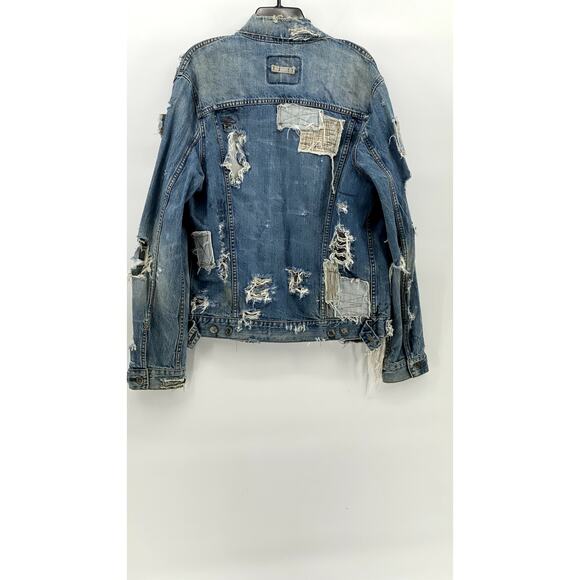 LEVI'S Men's Medium Wash Distressed Patchwork Streetwear Button-Up Jacket SZ M/L - Picture 1 of 12